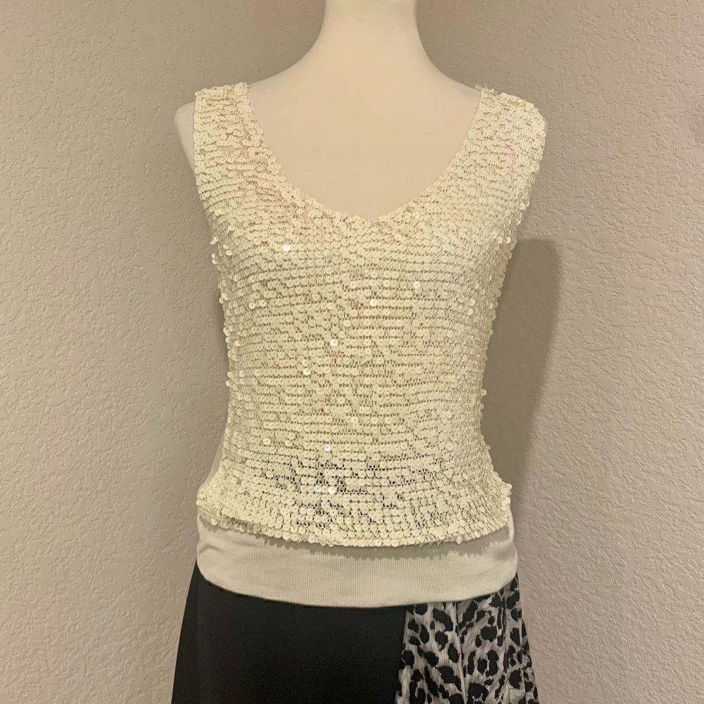 ShuShu Creamy Yellow & Tan Sequin Silk Tank S